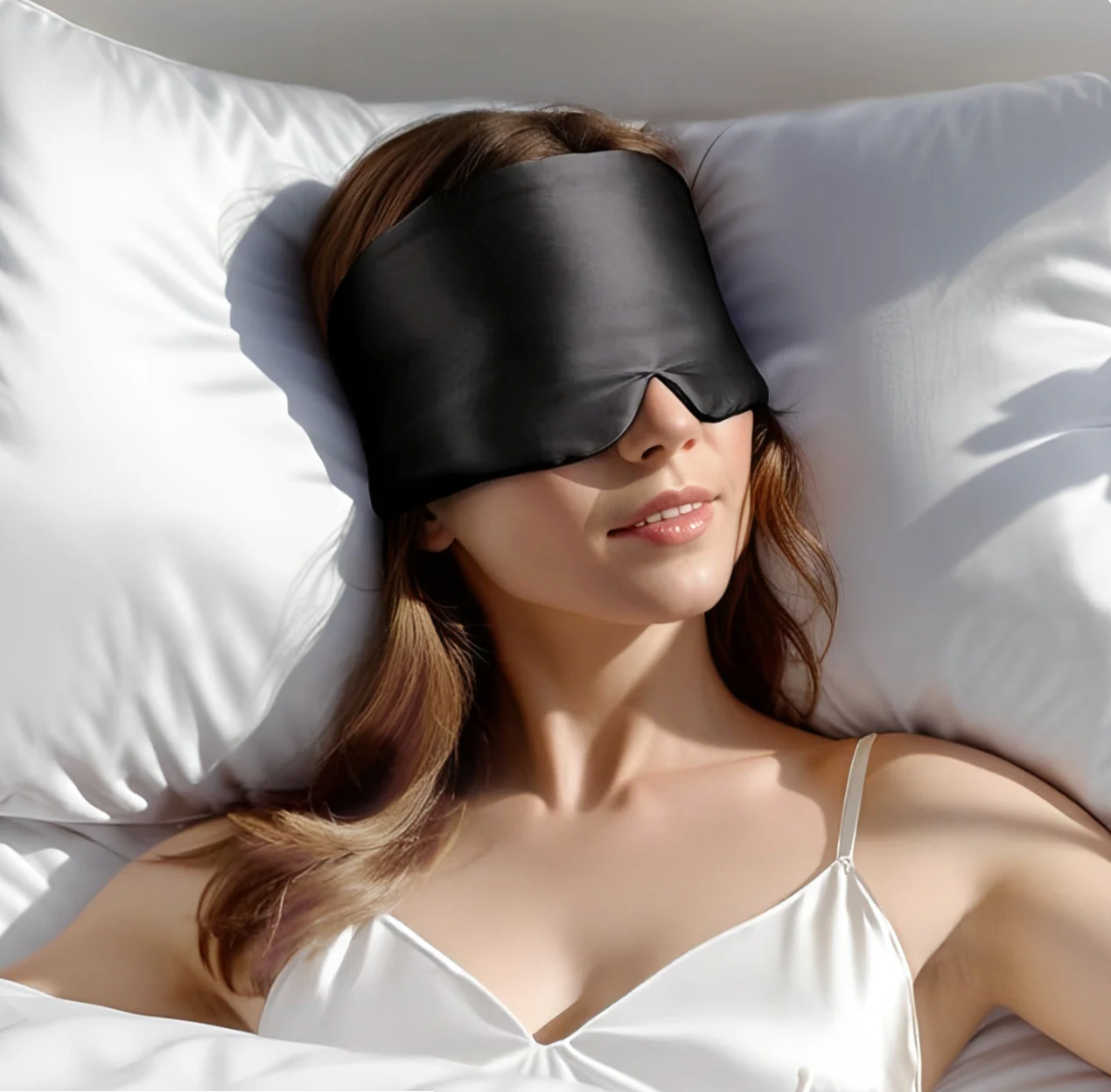 Woman wearing a black sleep mask while lying on white pillows.