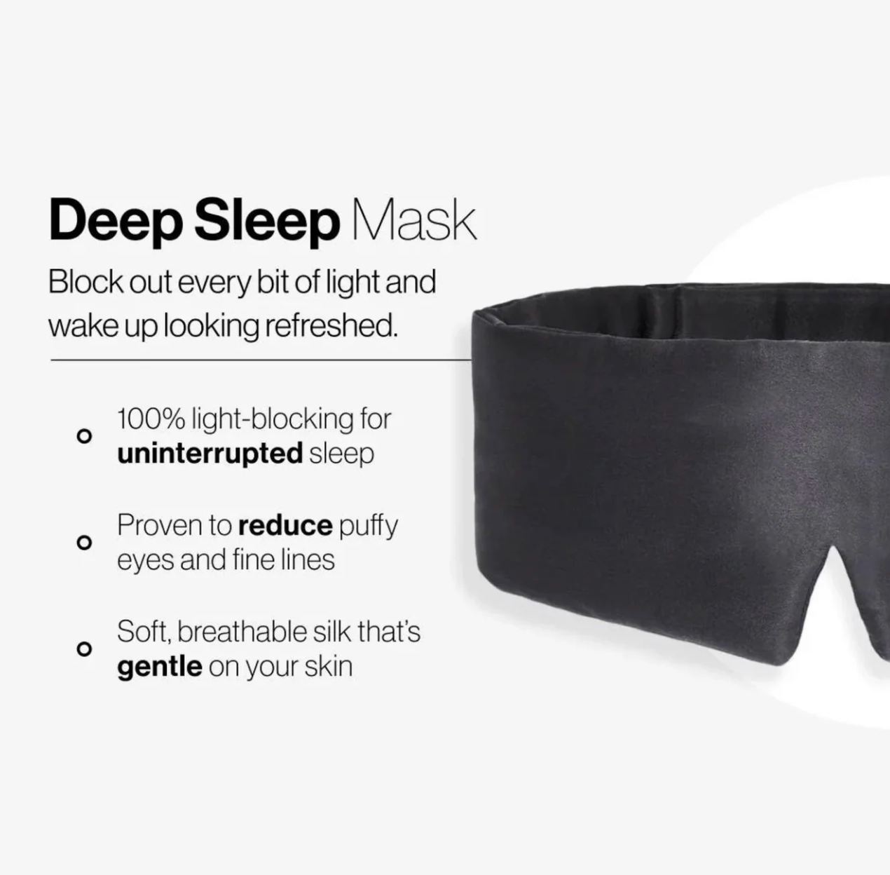 Black sleep mask with text highlighting its features on a white background