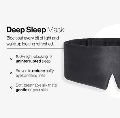 Black sleep mask with text highlighting its features on a white background